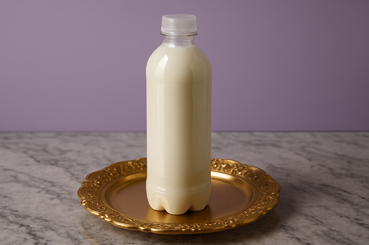 Upright plastic bottle on gold platter with lighter purple background